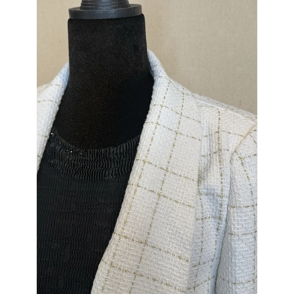 Y2K Classic Lapel Neck Tweed Blazer Size M Ivory/Off White Gold Accent Shein EUC